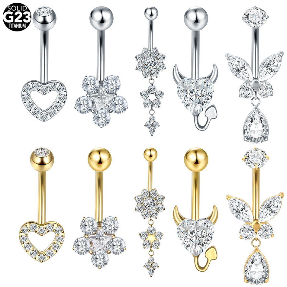 Belly Bar Titanium - 1/5PCS Titanium Heart CZ Navel Belly